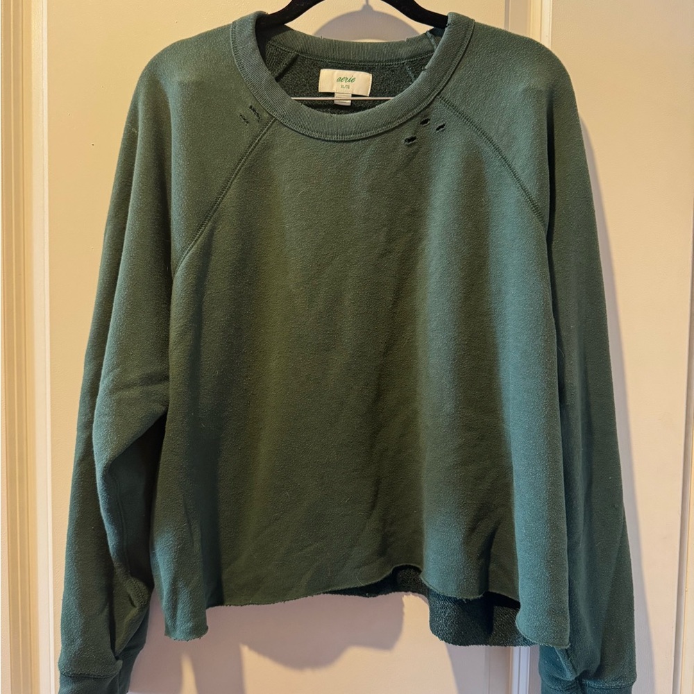 Aerie Distressed Green Cropped Pullover Sweatshirt | XL